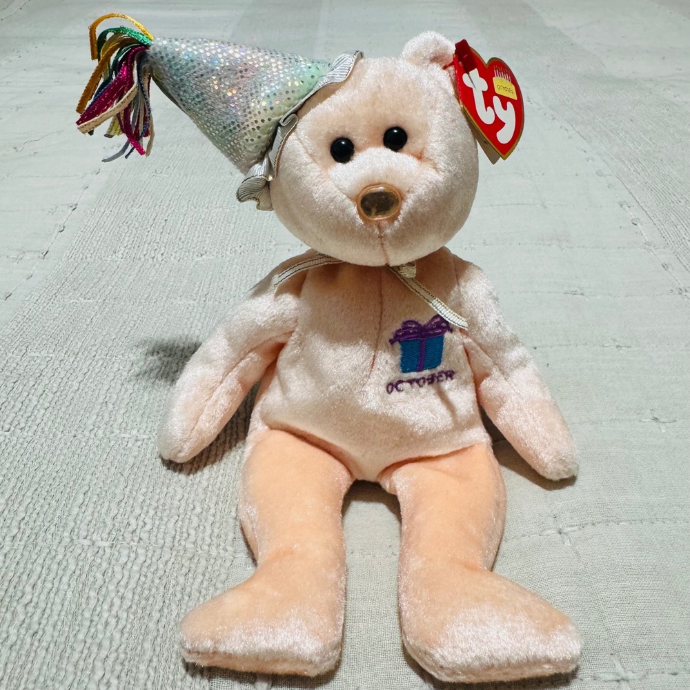 Retired Ty Beanie Baby October Birthday‎ Bear Plush Toy 2002 Sparkling Party Hat